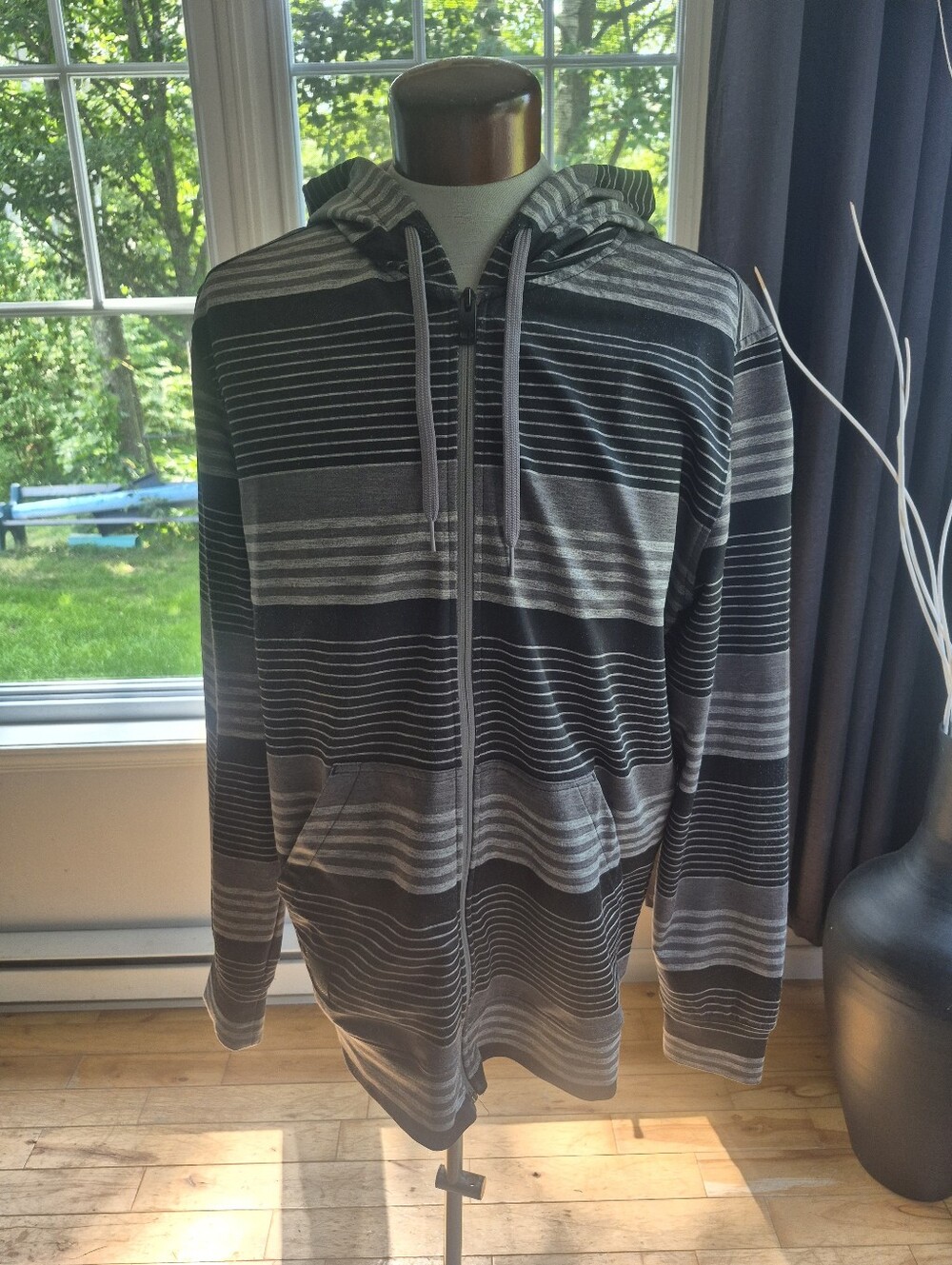Men's Gray Striped Zip-Up Hoodie Sweater